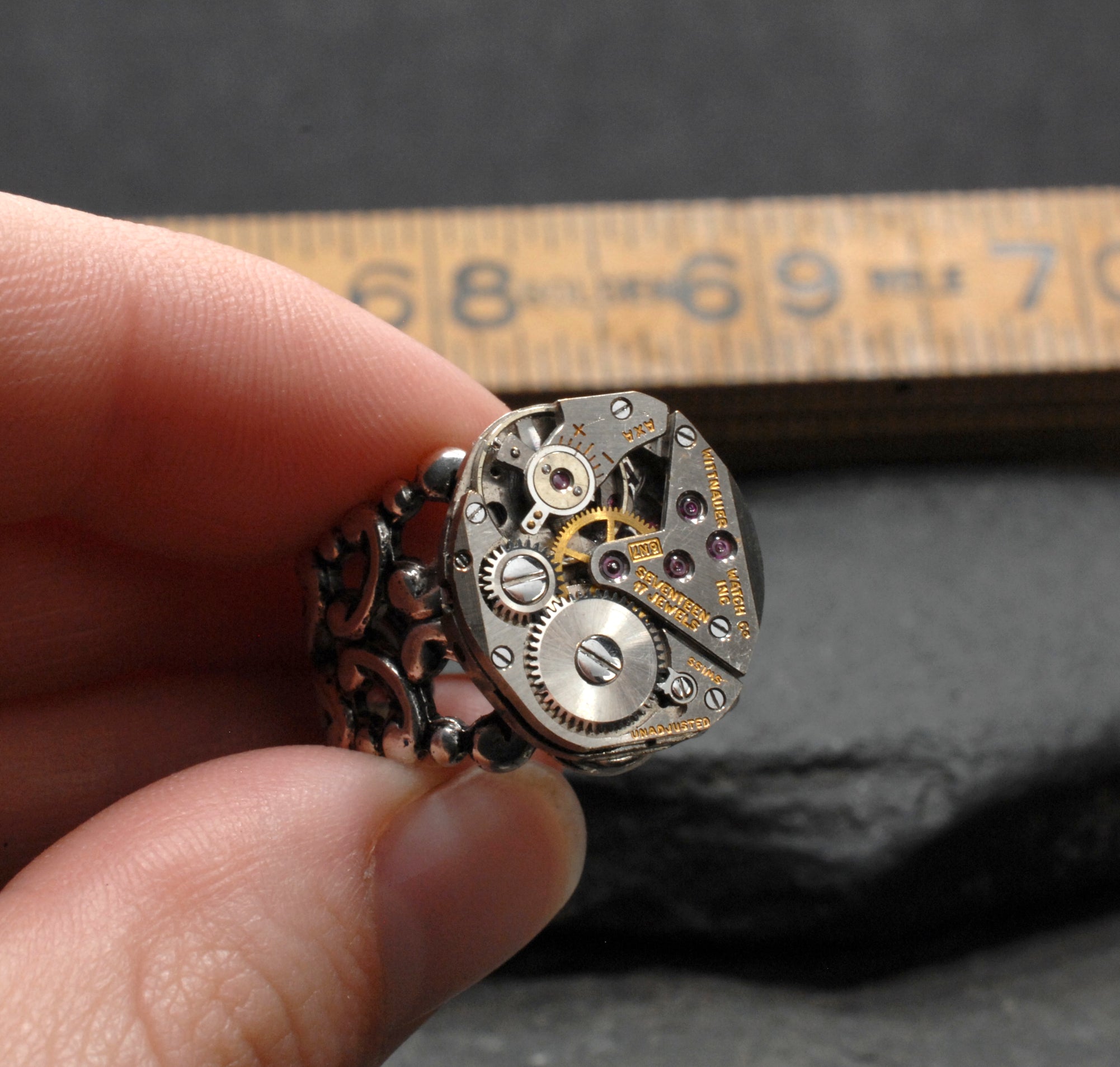 Personalized Steam Punk Ring in Antique Brass, Customize Your Crystal Colors for This Industrial Steampunk Watch Ring Jewelry Leave A Note with Color(